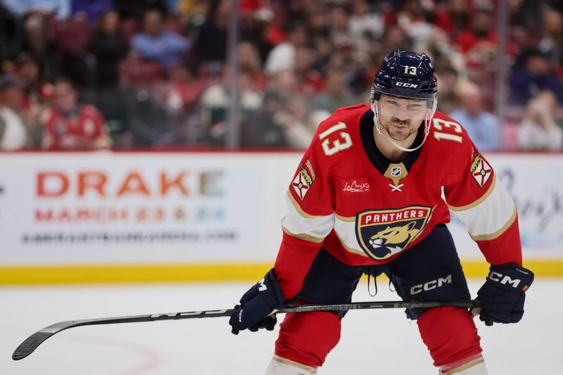 Jan 19, 2024; Sunrise, Florida, USA; Florida Panthers center Sam Reinhart (13) looks on against the Minnesota Wild during the second period at Amerant Bank Arena. Mandatory Credit: Sam Navarro-USA TODAY Sports