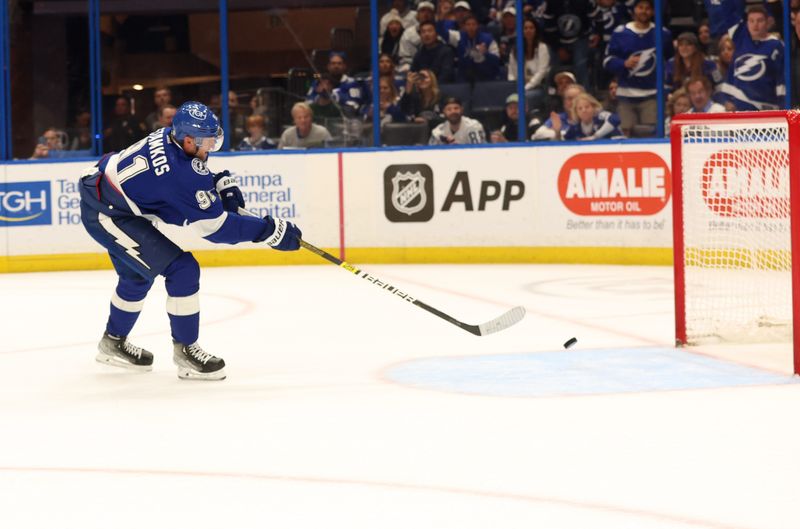 Apr 9, 2024; Tampa, Florida, USA; Tampa Bay Lightning center Steven Stamkos (91) scores a hat trick against the Columbus Blue Jackets during the third period at Amalie Arena. Mandatory Credit: Kim Klement Neitzel-USA TODAY Sports