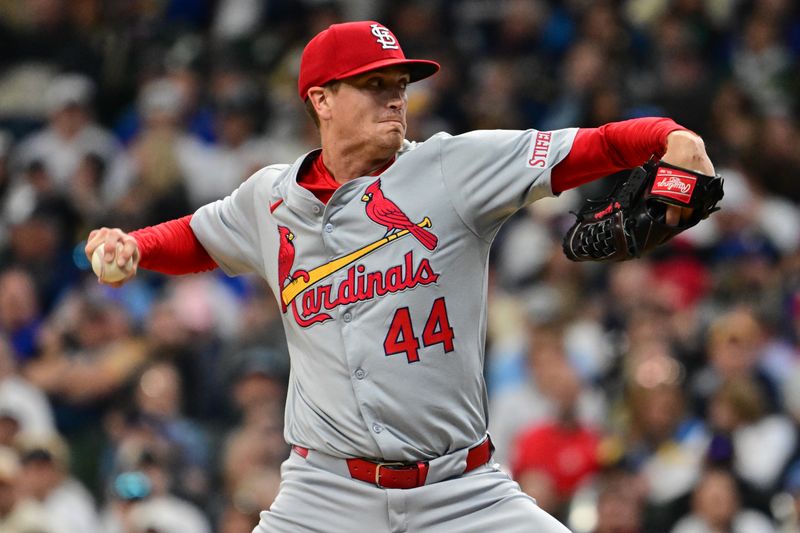 May 11, 2024; Milwaukee, Wisconsin, USA;  St. Louis Cardinals pitcher Kyle Gibson (44) throws against the Milwaukee Brewers in the first inning at American Family Field. Mandatory Credit: Benny Sieu-USA TODAY Sports