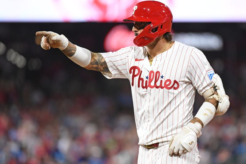 Aug 26, 2024; Philadelphia, Pennsylvania, USA; Philadelphia Phillies outfielder Nick Castellanos (8) reacts after hitting an RBI single against the Houston Astros during the sixth inning at Citizens Bank Park. Mandatory Credit: Eric Hartline-USA TODAY Sports