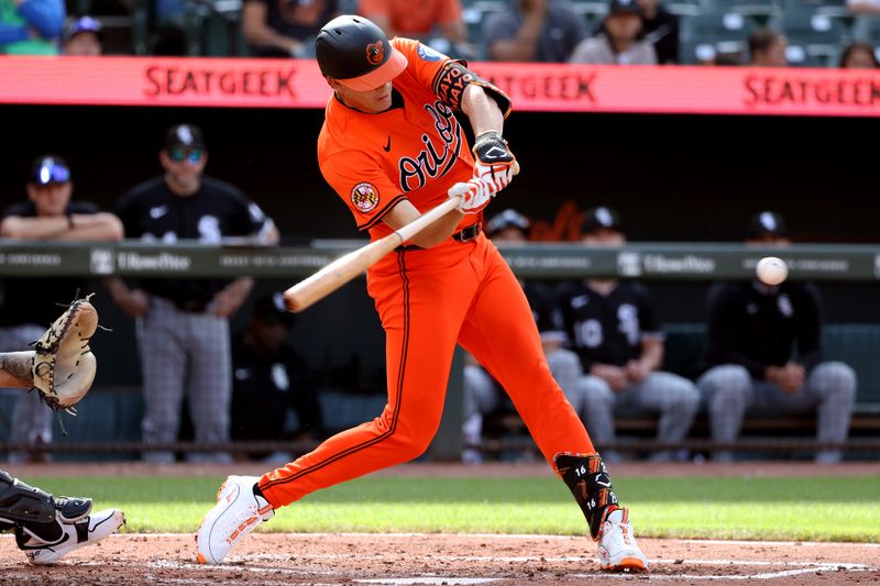 May 31, 2025; Baltimore, Maryland, USA; Baltimore Orioles third baseman Coby Mayo (16) hits a single during the fourth inning against the Chicago White Sox at Oriole Park at Camden Yards. Mandatory Credit: Daniel Kucin Jr.-Imagn Images