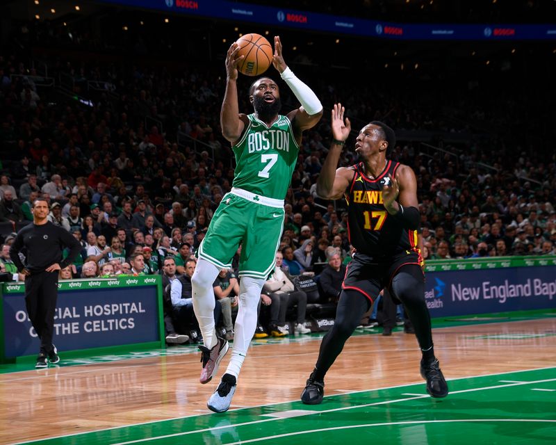 BOSTON, MA - FEBRUARY 7: Jaylen Brown #7 of the Boston Celtics drives to the basket during the game against the Atlanta Hawks on February 7, 2024 at the TD Garden in Boston, Massachusetts. NOTE TO USER: User expressly acknowledges and agrees that, by downloading and or using this photograph, User is consenting to the terms and conditions of the Getty Images License Agreement. Mandatory Copyright Notice: Copyright 2024 NBAE  (Photo by Brian Babineau/NBAE via Getty Images)