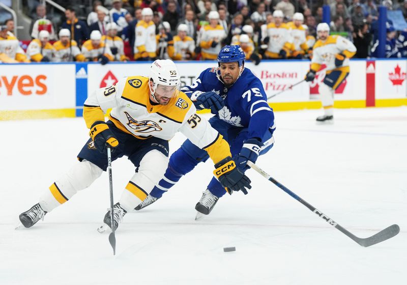 Dec 9, 2023; Toronto, Ontario, CAN; Nashville Predators defenseman Roman Josi (59) battles for the puck with Toronto Maple Leafs right wing Ryan Reaves (75) during the first period at Scotiabank Arena. Mandatory Credit: Nick Turchiaro-USA TODAY Sports