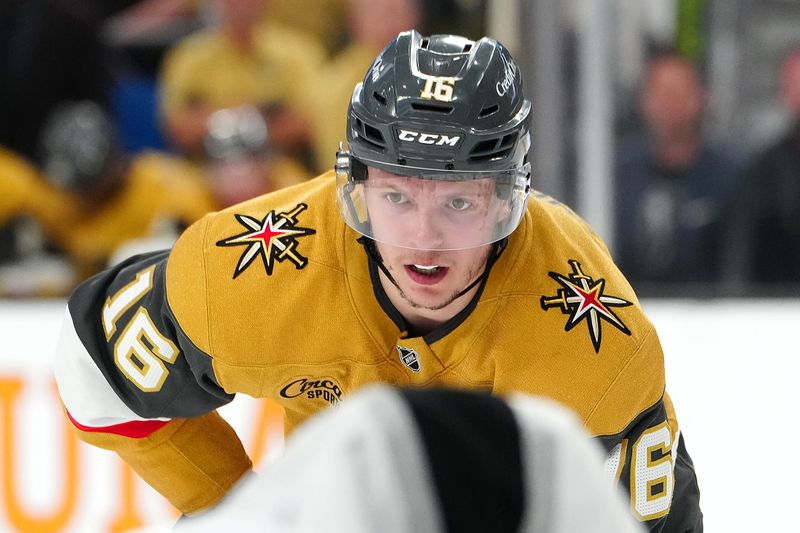 Oct 22, 2024; Las Vegas, Nevada, USA; Vegas Golden Knights left wing Pavel Dorofeyev (16) awaits a face off against the Los Angeles Kings during the second period at T-Mobile Arena. Mandatory Credit: Stephen R. Sylvanie-Imagn Images