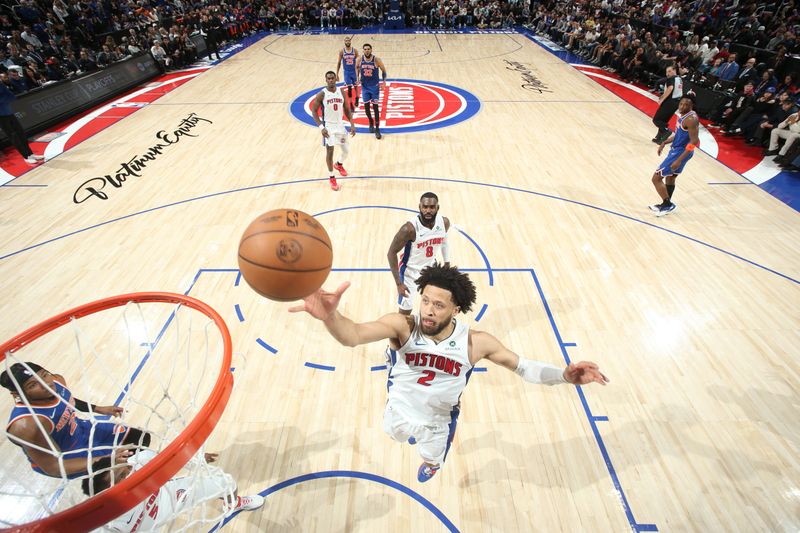 DETROIT, MI - APRIL 27: Cade Cunningham #2 of the Detroit Pistons drives to the basket during the game against the New York Knicks during Round 1 Game 4 of the 2025 NBA Playoffs on April 27, 2025 at Little Caesars Arena in Detroit, Michigan. NOTE TO USER: User expressly acknowledges and agrees that, by downloading and/or using this photograph, User is consenting to the terms and conditions of the Getty Images License Agreement. Mandatory Copyright Notice: Copyright 2025 NBAE (Photo by Nathaniel S. Butler/NBAE via Getty Images)