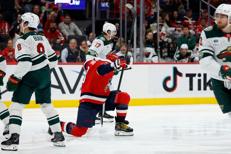 Oct 17, 2025; Washington, District of Columbia, USA; Washington Capitals left wing Alex Ovechkin (8) celebrates after scoring a goal against the Minnesota Wild during the third period at Capital One Arena. Mandatory Credit: Geoff Burke-Imagn Images