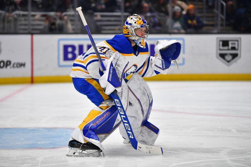 Feb 13, 2023; Los Angeles, California, USA; Buffalo Sabres goaltender Craig Anderson (41) defends the goal agianst the Los Angeles Kings during the second period at Crypto.com Arena. Mandatory Credit: Gary A. Vasquez-USA TODAY Sports