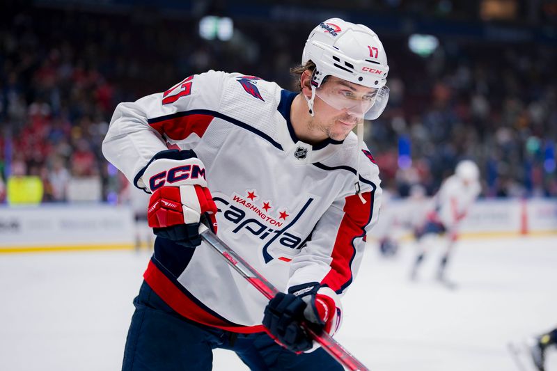 Mar 16, 2024; Vancouver, British Columbia, CAN; Washington Capitals forward Dylan Strome (17) handles the puck during warm up prior to a game against the Vancouver Canucks at Rogers Arena.  Mandatory Credit: Bob Frid-USA TODAY Sports