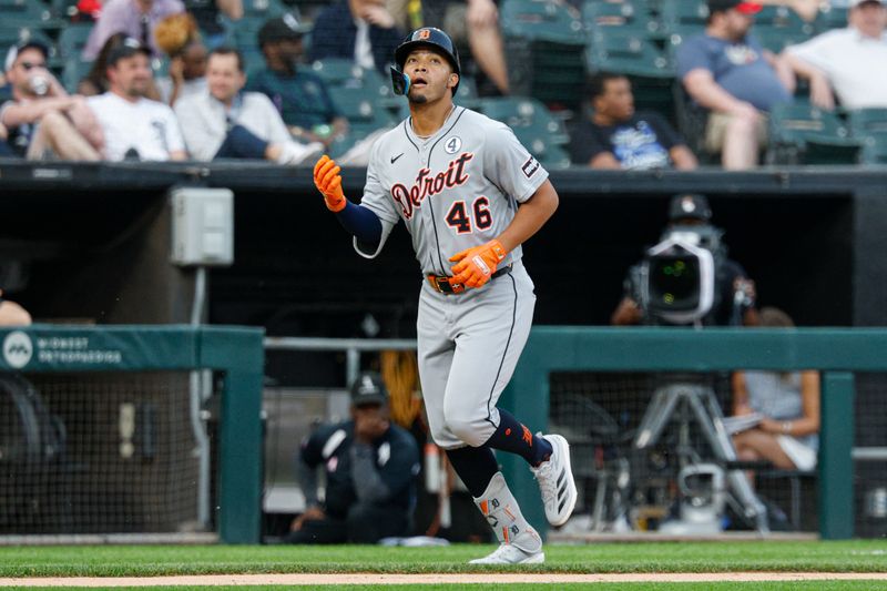 Jun 2, 2025; Chicago, Illinois, USA; Detroit Tigers right fielder Wenceel Pérez (46) rounds the bases after hitting a two-run home run against the Chicago White Sox during the second inning at Rate Field. Mandatory Credit: Kamil Krzaczynski-Imagn Images