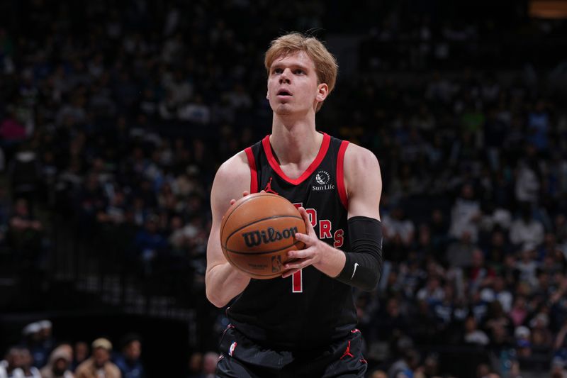 MINNEAPOLIS, MN -  APRIL 3: Gradey Dick #1 of the Toronto Raptors shoots a free throw during the game against the Minnesota Timberwolves  on April 3, 2024 at Target Center in Minneapolis, Minnesota. NOTE TO USER: User expressly acknowledges and agrees that, by downloading and or using this Photograph, user is consenting to the terms and conditions of the Getty Images License Agreement. Mandatory Copyright Notice: Copyright 2024 NBAE (Photo by Jordan Johnson/NBAE via Getty Images)