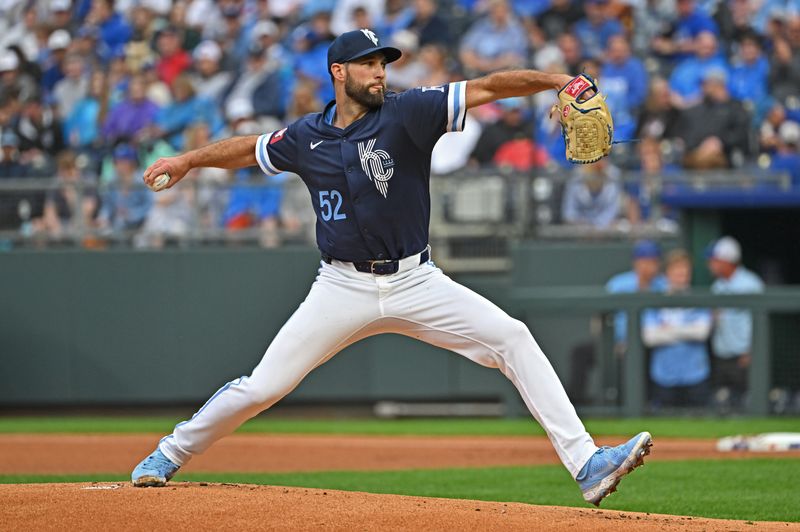 May 31, 2024; Kansas City, Missouri, USA;  Kansas City Royals starting pitcher Michael Wacha (52) delivers a pitch in the first inning against the San Diego Padres at Kauffman Stadium. Mandatory Credit: Peter Aiken-USA TODAY Sports