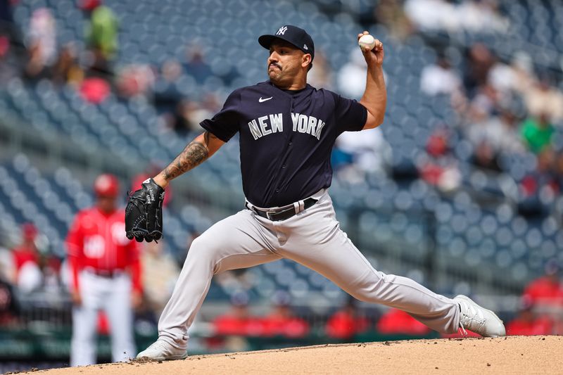 Mar 28, 2023; Washington, District of Columbia, USA; New York Yankees starting pitcher Nestor Cortes (65) throws against the Washington Nationals during the first inning of the Spring Training game at Nationals Park. Mandatory Credit: Scott Taetsch-USA TODAY Sports