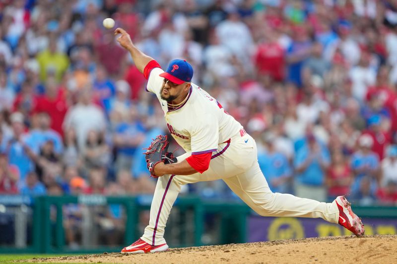 Sep 14, 2024; Philadelphia, Pennsylvania, USA; Philadelphia Phillies pitcher Carlos Estevez (53) delivers against the New York Mets during the ninth inning at Citizens Bank Park. Mandatory Credit: Gregory Fisher-Imagn Images