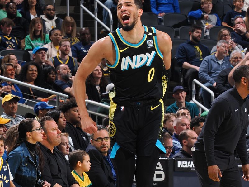 INDIANAPOLIS, IN - MARCH 16: Tyrese Haliburton #0 of the Indiana Pacers celebrates during the game against the Brooklyn Nets on March 16, 2024 at Gainbridge Fieldhouse in Indianapolis, Indiana. NOTE TO USER: User expressly acknowledges and agrees that, by downloading and or using this Photograph, user is consenting to the terms and conditions of the Getty Images License Agreement. Mandatory Copyright Notice: Copyright 2024 NBAE (Photo by Ron Hoskins/NBAE via Getty Images)