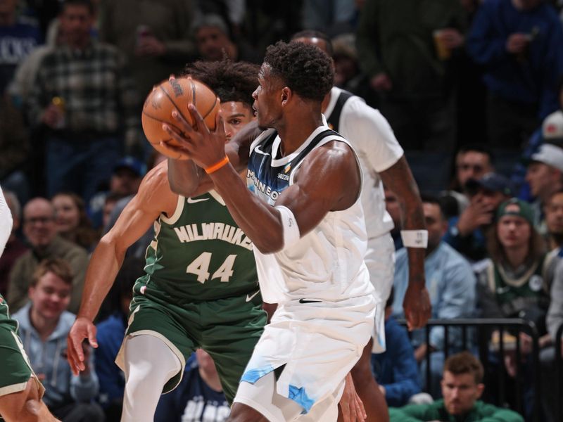 MINNEAPOLIS, MN -  FEBRUARY 12: Anthony Edwards #5 of the Minnesota Timberwolves handles the ball during the game against the Milwaukee Bucks on February 12, 2025 at Target Center in Minneapolis, Minnesota. NOTE TO USER: User expressly acknowledges and agrees that, by downloading and or using this Photograph, user is consenting to the terms and conditions of the Getty Images License Agreement. Mandatory Copyright Notice: Copyright 2025 NBAE (Photo by David Sherman/NBAE via Getty Images)