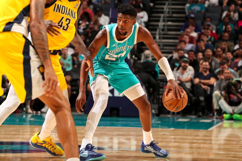 CHARLOTTE, NC - NOVEMBER 8:  Brandon Miller #24 of the Charlotte Hornets dribbles the ball during the game against the Indiana Pacers on November 8, 2024 at Spectrum Center in Charlotte, North Carolina. NOTE TO USER: User expressly acknowledges and agrees that, by downloading and or using this photograph, User is consenting to the terms and conditions of the Getty Images License Agreement. Mandatory Copyright Notice: Copyright 2024 NBAE (Photo by Kent Smith/NBAE via Getty Images)