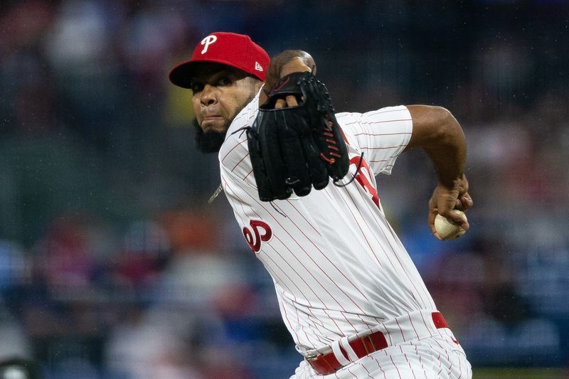 Apr 26, 2023; Philadelphia, Pennsylvania, USA; Philadelphia Phillies relief pitcher Seranthony Dominguez (58) throws a pitch during the seventh inning against the Seattle Mariners at Citizens Bank Park. Mandatory Credit: Bill Streicher-USA TODAY Sports