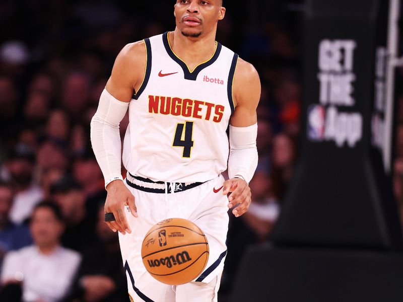 NEW YORK, NEW YORK - JANUARY 29:  Russell Westbrook #4 of the Denver Nuggets in action against the New York Knicks during their game at Madison Square Garden on January 29, 2025 in New York City.  User expressly acknowledges and agrees that, by downloading and or using this photograph, User is consenting to the terms and conditions of the Getty Images License Agreement.    (Photo by Al Bello/Getty Images)