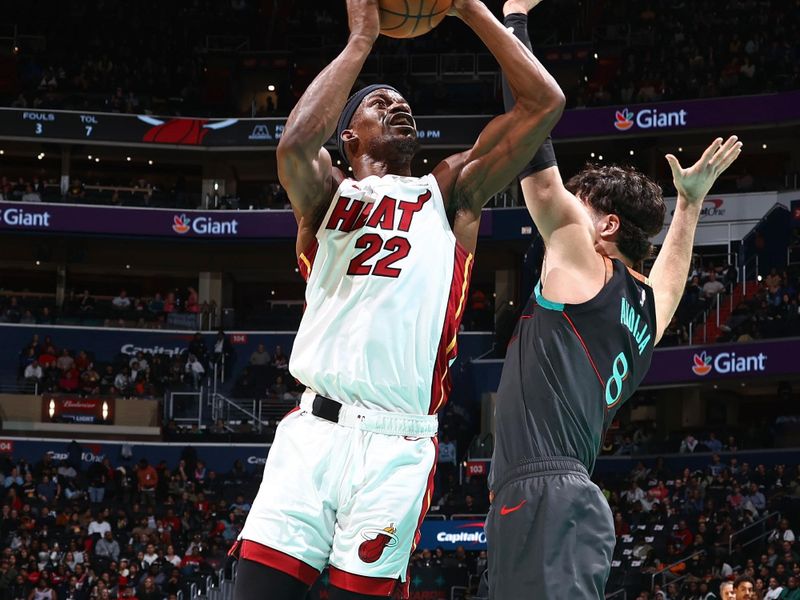 WASHINGTON, DC -? FEBRUARY 2: Jimmy Butler #22 of the Miami Heat drives to the basket during the game against the Washington Wizards on February 2, 2024 at Capital One Arena in Washington, DC. NOTE TO USER: User expressly acknowledges and agrees that, by downloading and or using this Photograph, user is consenting to the terms and conditions of the Getty Images License Agreement. Mandatory Copyright Notice: Copyright 2024 NBAE (Photo by Kenny Giarla/NBAE via Getty Images)