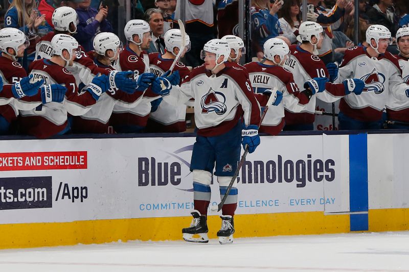 Apr 3, 2025; Columbus, Ohio, USA; Colorado Avalanche defenseman Cale Makar (8) celebrates his goal against the Columbus Blue Jackets during the second period at Nationwide Arena. Mandatory Credit: Russell LaBounty-Imagn Images