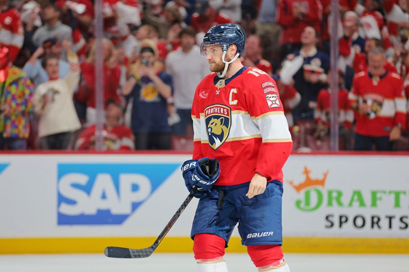 May 24, 2025; Sunrise, Florida, USA; Florida Panthers center Aleksander Barkov (16) celebrates after a goal during the third period against the Carolina Hurricanes in game three of the Eastern Conference Final of the 2025 Stanley Cup Playoffs at Amerant Bank Arena. Mandatory Credit: Sam Navarro-Imagn Images