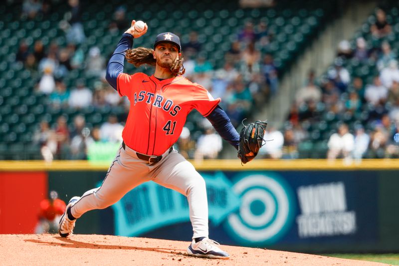 May 30, 2024; Seattle, Washington, USA; Houston Astros starting pitcher Spencer Arrighetti (41) throws against the Seattle Mariners during the first inning at T-Mobile Park. Mandatory Credit: Joe Nicholson-USA TODAY Sports