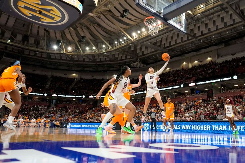 Mar 9, 2024; Greensville, SC, USA; South Carolina Gamecocks guard Tessa Johnson (5) shoots against the Tennessee Lady Vols during the second half at Bon Secours Wellness Arena. Mandatory Credit: Jim Dedmon-USA TODAY Sports