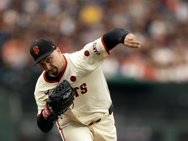 Jul 27, 2024; San Francisco, California, USA; San Francisco Giants starting pitcher Blake Snell (7) delivers a pitch against the Colorado Rockies during the first inning at Oracle Park. Mandatory Credit: D. Ross Cameron-USA TODAY Sports