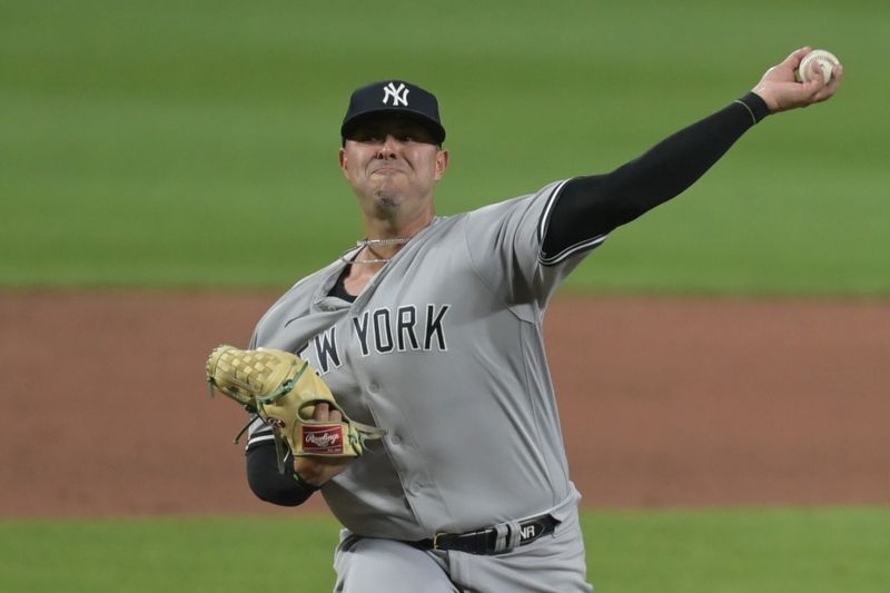 Jul 29, 2023; Baltimore, Maryland, USA;  New York Yankees relief pitcher Nick Ramirez (63) throws a ninth inning pitch against the Baltimore Orioles at Oriole Park at Camden Yards. Mandatory Credit: Tommy Gilligan-USA TODAY Sports