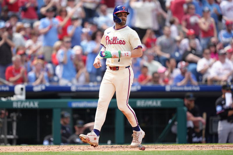 Apr 19, 2025; Philadelphia, Pennsylvania, USA; Philadelphia Phillies infielder Bryce Harper (3) looks on after scoring a run against the Miami Marlins in the third inning at Citizens Bank Park. Mandatory Credit: Kyle Ross-Imagn Images