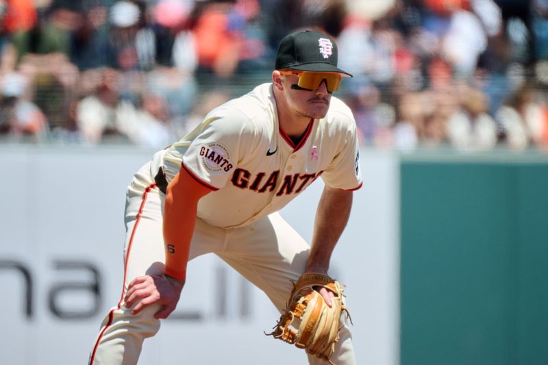 May 12, 2024; San Francisco, California, USA; San Francisco Giants infielder Matt Chapman (26) plays third base against the Cincinnati Reds during the third inning at Oracle Park. Mandatory Credit: Robert Edwards-USA TODAY Sports