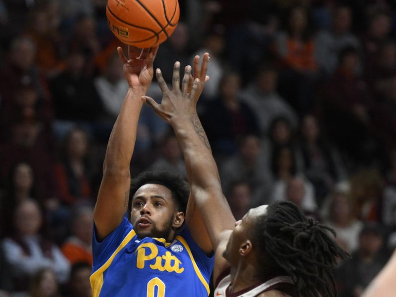 Feb 18, 2023; Blacksburg, Virginia, USA; Pittsburgh Panthers guard Nelly Cummings (0) shoots over Virginia Tech Hokies forward Justyn Mutts (25) in the first half at Cassell Coliseum. Mandatory Credit: Lee Luther Jr.-USA TODAY Sports