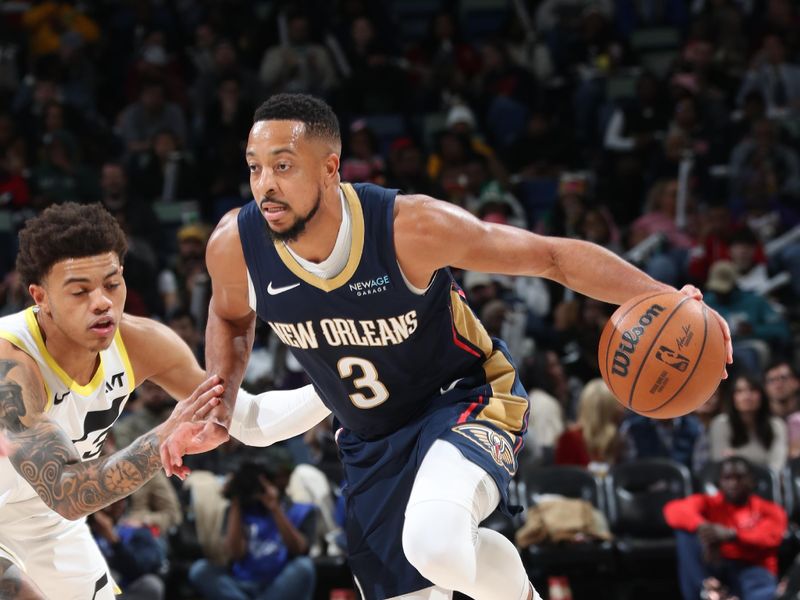 NEW ORLEANS, LA - JANUARY 17:  CJ McCollum #3 of the New Orleans Pelicans dribbles the ball during the game against the Utah Jazz on January 17, 2025 at the Smoothie King Center in New Orleans, Louisiana. NOTE TO USER: User expressly acknowledges and agrees that, by downloading and or using this Photograph, user is consenting to the terms and conditions of the Getty Images License Agreement. Mandatory Copyright Notice: Copyright 2025 NBAE (Photo by Layne Murdoch Jr./NBAE via Getty Images)