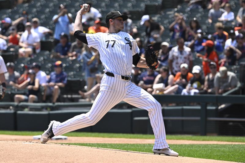 Jun 20, 2024; Chicago, Illinois, USA;  Chicago White Sox pitcher Chris Flexen (77) delivers against the Houston Astros during the first inning at Guaranteed Rate Field. Mandatory Credit: Matt Marton-USA TODAY Sports