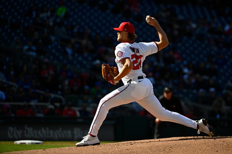 Apr 9, 2025; Washington, District of Columbia, USA; Washington Nationals pitcher Jake Irvin (27) throws to the Los Angeles Dodgers during the first inning at Nationals Park. Mandatory Credit: Brad Mills-Imagn Images
