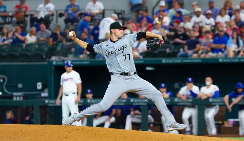 Jul 24, 2024; Arlington, Texas, USA; Chicago White Sox starting pitcher Chris Flexen (77) throws during the first inning against the Texas Rangers at Globe Life Field. Mandatory Credit: Kevin Jairaj-USA TODAY Sports