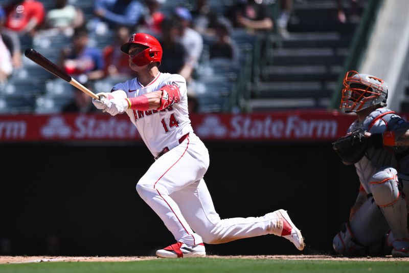 Aug 4, 2024; Anaheim, California, USA; Los Angeles Angels designated hitter Logan O'Hoppe (14) flies out against the New York Mets during the fifth inning at Angel Stadium. Mandatory Credit: Jonathan Hui-USA TODAY Sports
