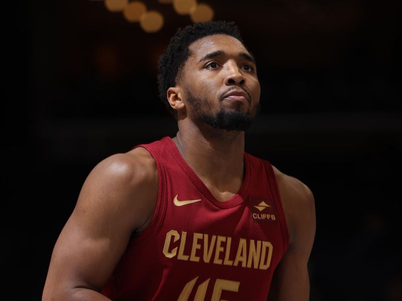 MEMPHIS, TN - FEBRUARY 1:  Donovan Mitchell #45 of the Cleveland Cavaliers shoots a free throw during the game against the Memphis Grizzlies on February 1, 2024 at FedExForum in Memphis, Tennessee. NOTE TO USER: User expressly acknowledges and agrees that, by downloading and or using this photograph, User is consenting to the terms and conditions of the Getty Images License Agreement. Mandatory Copyright Notice: Copyright 2024 NBAE (Photo by Joe Murphy/NBAE via Getty Images)