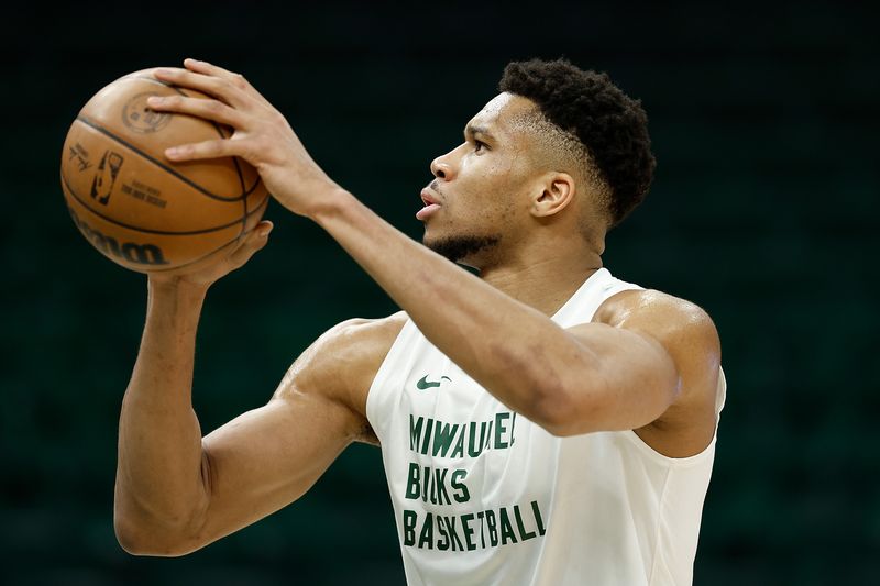 MILWAUKEE, WISCONSIN - APRIL 03: Giannis Antetokounmpo #34 of the Milwaukee Bucks works out before the game against the Memphis Grizzlies at Fiserv Forum on April 03, 2024 in Milwaukee, Wisconsin. NOTE TO USER: User expressly acknowledges and agrees that, by downloading and or using this photograph, User is consenting to the terms and conditions of the Getty Images License Agreement. (Photo by John Fisher/Getty Images)