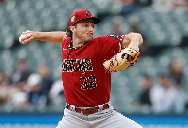 Sep 27, 2023; Chicago, Illinois, USA; Arizona Diamondbacks starting pitcher Brandon Pfaadt (32) delivers a pitch against the Chicago White Sox during the first inning at Guaranteed Rate Field. Mandatory Credit: Kamil Krzaczynski-USA TODAY Sports