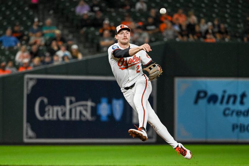 Sep 17, 2024; Baltimore, Maryland, USA; Baltimore Orioles shortstop Gunnar Henderson (2) throws to first base during the eighth inning 
against San Francisco Giants  at Oriole Park at Camden Yards. Mandatory Credit: Tommy Gilligan-Imagn Images