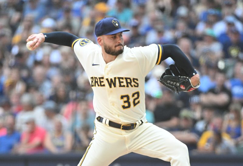 Jun 21, 2023; Milwaukee, Wisconsin, USA; Milwaukee Brewers relief pitcher Peter Strzelecki (32) delivers a pitch against the Arizona Diamondbacks in the seventh inning at American Family Field. Mandatory Credit: Michael McLoone-USA TODAY Sports