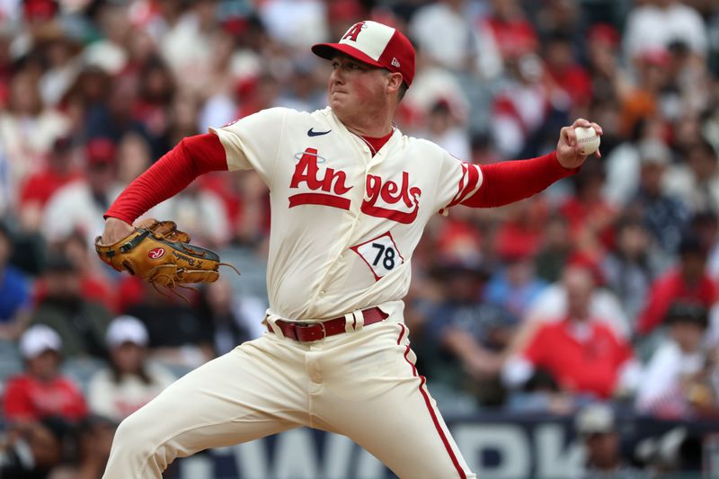 Sep 17, 2023; Anaheim, California, USA; Los Angeles Angels relief pitcher Kenny Rosenberg (78) pitches during the fifth inning against the Detroit Tigers at Angel Stadium. Mandatory Credit: Kiyoshi Mio-USA TODAY Sports