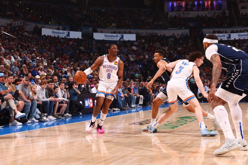 OKLAHOMA CITY, OK - MARCH 14: Jalen Williams #8 of the Oklahoma City Thunder dribbles the ball during the game against the Dallas Mavericks on March 13, 2024 at Paycom Arena in Oklahoma City, Oklahoma. NOTE TO USER: User expressly acknowledges and agrees that, by downloading and or using this photograph, User is consenting to the terms and conditions of the Getty Images License Agreement. Mandatory Copyright Notice: Copyright 2024 NBAE (Photo by Zach Beeker/NBAE via Getty Images)