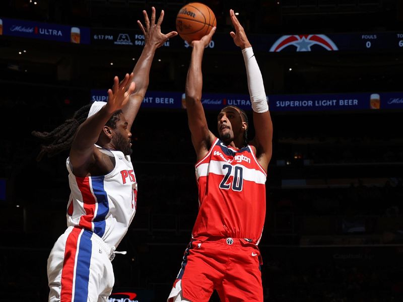 WASHINGTON, DC -? NOVEMBER 17: Alexandre Sarr #20 of the Washington Wizards shoots the ball during the game against the Detroit Pistons on November 17, 2024 at Capital One Arena in Washington, DC. NOTE TO USER: User expressly acknowledges and agrees that, by downloading and or using this Photograph, user is consenting to the terms and conditions of the Getty Images License Agreement. Mandatory Copyright Notice: Copyright 2024 NBAE (Photo by Stephen Gosling/NBAE via Getty Images)