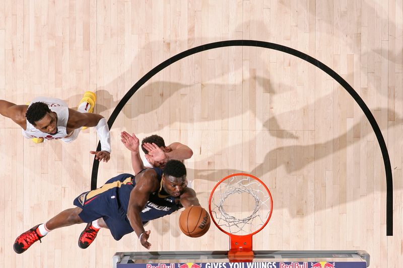 NEW ORLEANS, LA - MARCH 13: Zion Williamson #1 of the New Orleans Pelicans drives to the basket during the game against the Cleveland Cavaliers on March 13, 2024 at the Smoothie King Center in New Orleans, Louisiana. NOTE TO USER: User expressly acknowledges and agrees that, by downloading and or using this Photograph, user is consenting to the terms and conditions of the Getty Images License Agreement. Mandatory Copyright Notice: Copyright 2024 NBAE (Photo by Layne Murdoch Jr./NBAE via Getty Images)