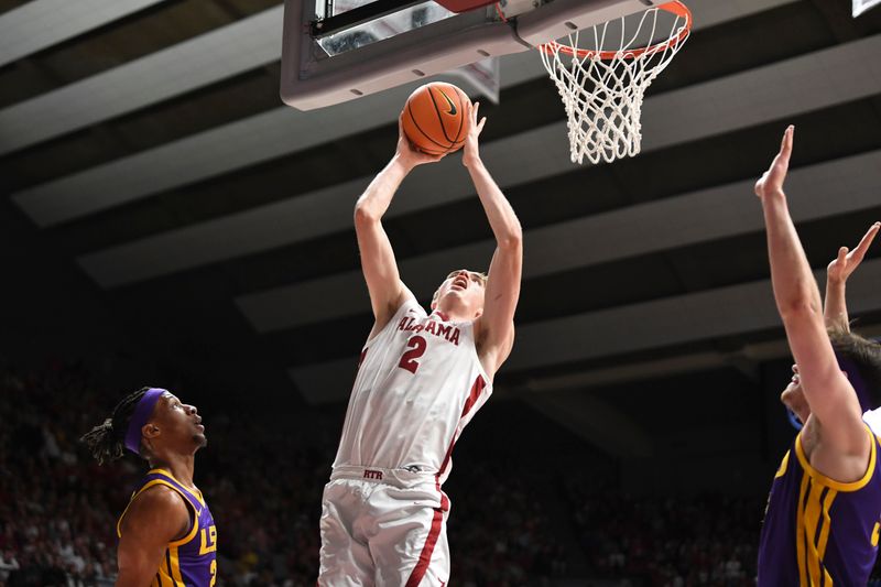 Jan 27, 2024; Tuscaloosa, Alabama, USA;  Alabama forward Grant Nelson (2) scores inside against LSU at Coleman Coliseum. Mandatory Credit: Gary Cosby Jr.-USA TODAY Sports