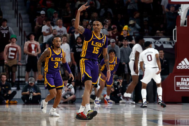 Feb 8, 2023; Starkville, Mississippi, USA; LSU Tigers forward Tyrell Ward (15) reacts after a three point basket during the first half  against the Mississippi State Bulldogs at Humphrey Coliseum. Mandatory Credit: Petre Thomas-USA TODAY Sports