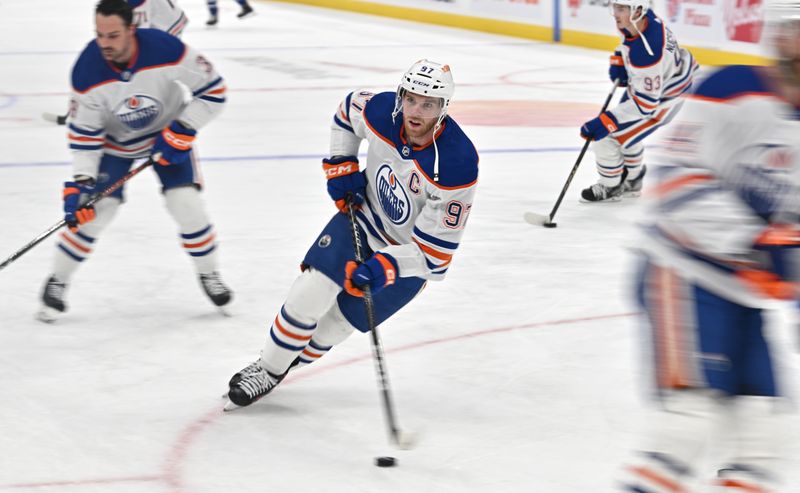 Mar 23, 2024; Toronto, Ontario, CAN;  Edmontono Oilers forward Connor McDavid (97) warms up before playing the Toronto Maple Leafs at Scotiabank Arena. Mandatory Credit: Dan Hamilton-USA TODAY Sports