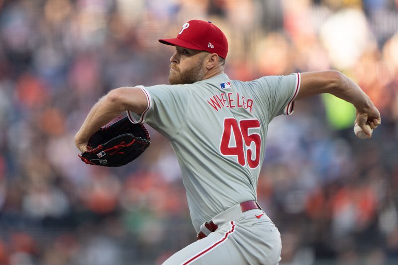 May 28, 2024; San Francisco, California, USA;  Philadelphia Phillies pitcher Zack Wheeler (45) pitches during the first inning against the San Francisco Giants at Oracle Park. Mandatory Credit: Stan Szeto-USA TODAY Sports